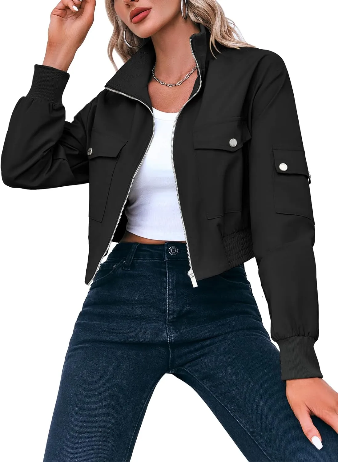 Fisoew Women's Cropped Bomber Jackets Lightweight Zip Up Stand Collar Long Sleeve Short Jacket with Pockets