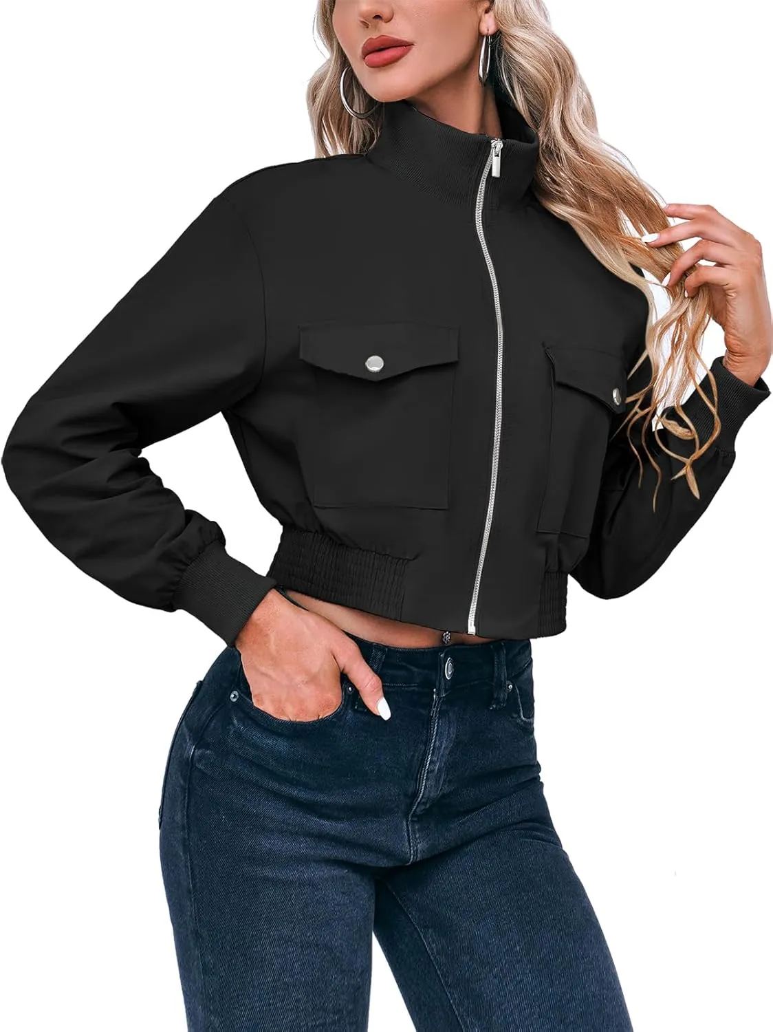 Fisoew Women's Cropped Bomber Jackets Lightweight Zip Up Stand Collar Long Sleeve Short Jacket with Pockets