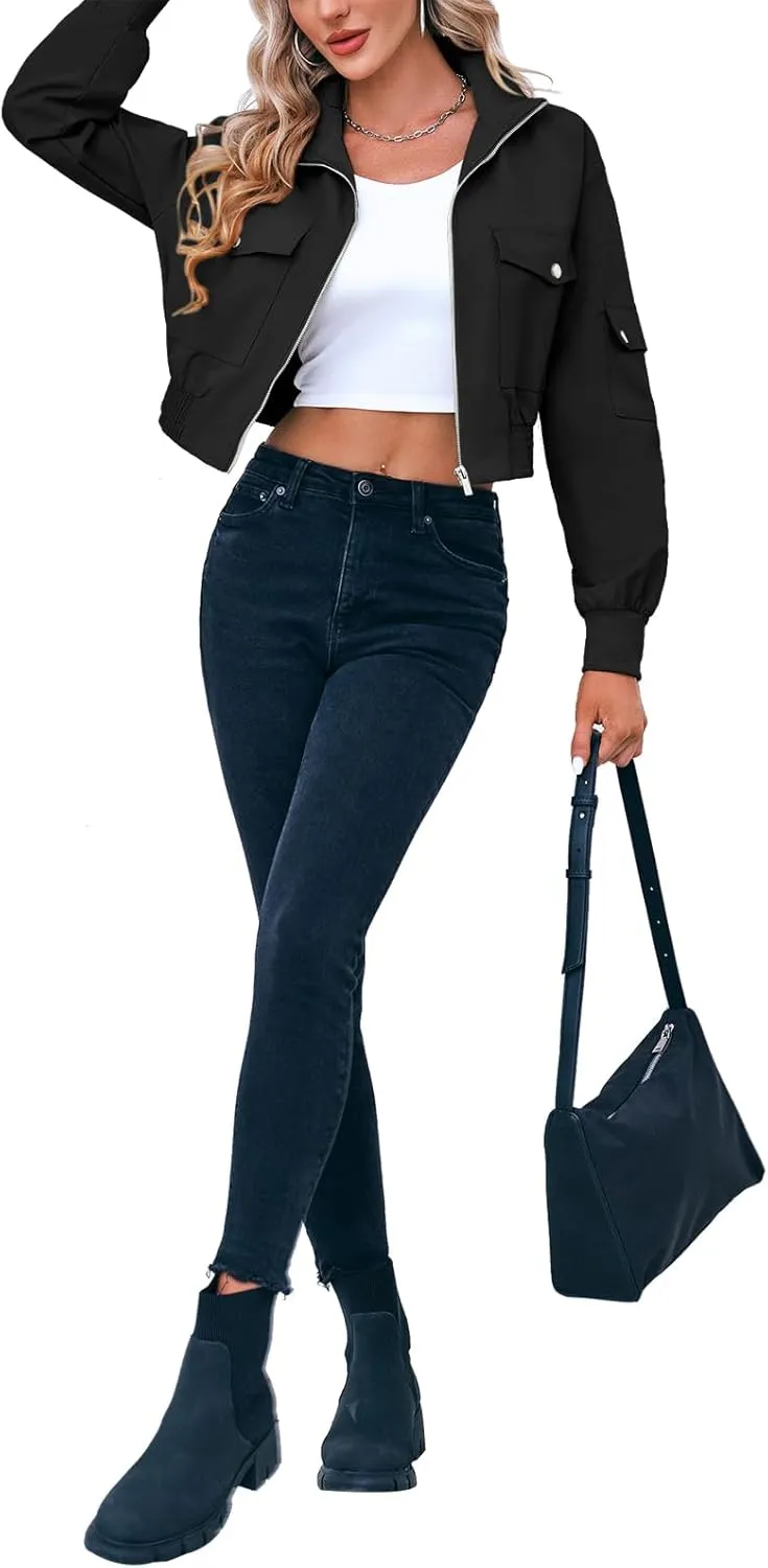 Fisoew Women's Cropped Bomber Jackets Lightweight Zip Up Stand Collar Long Sleeve Short Jacket with Pockets