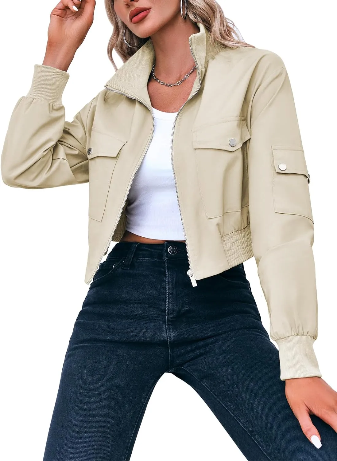 Fisoew Women's Cropped Bomber Jackets Lightweight Zip Up Stand Collar Long Sleeve Short Jacket with Pockets