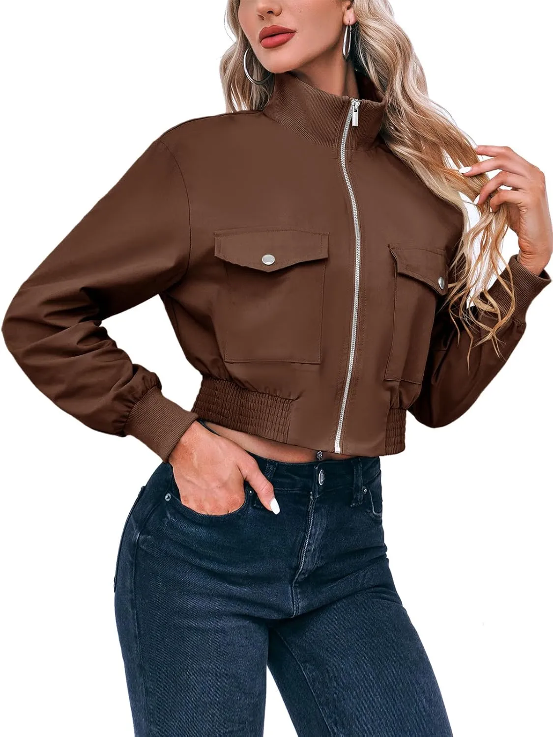 Fisoew Women's Cropped Bomber Jackets Lightweight Zip Up Stand Collar Long Sleeve Short Jacket with Pockets