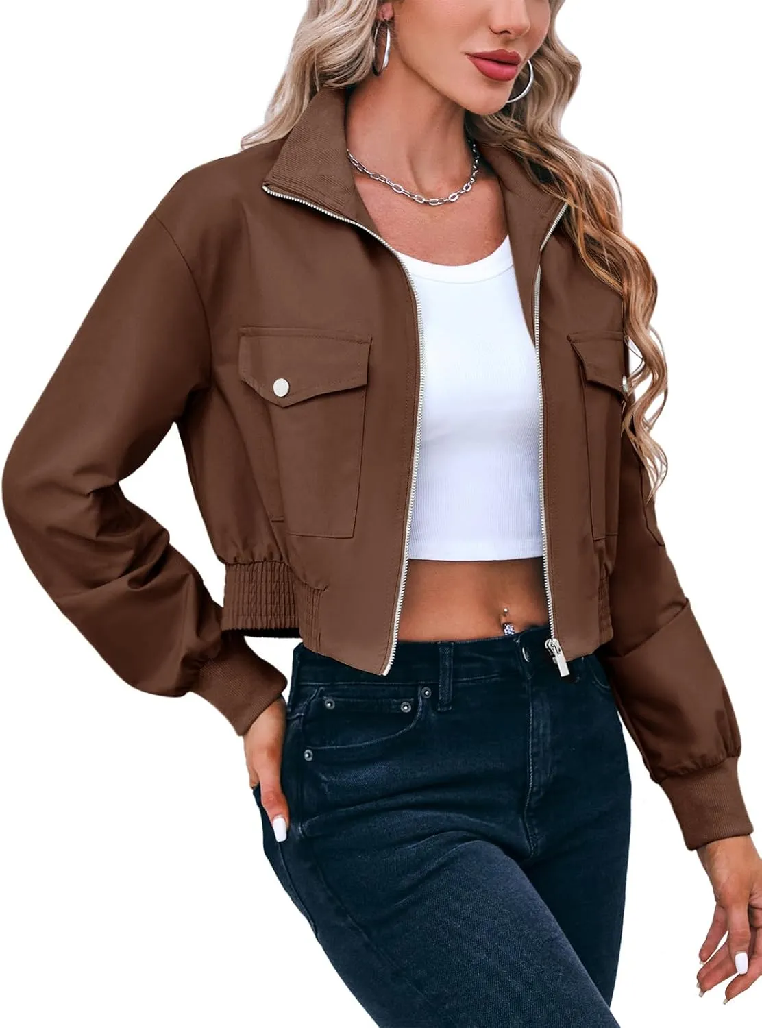 Fisoew Women's Cropped Bomber Jackets Lightweight Zip Up Stand Collar Long Sleeve Short Jacket with Pockets