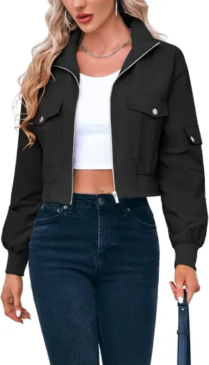 Fisoew Women's Cropped Bomber Jackets Lightweight Zip Up Stand Collar Long Sleeve Short Jacket with Pockets