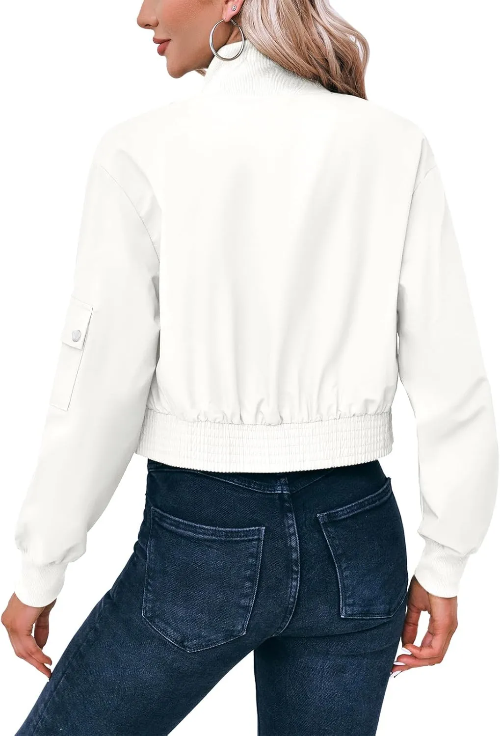 Fisoew Women's Cropped Bomber Jackets Lightweight Zip Up Stand Collar Long Sleeve Short Jacket with Pockets
