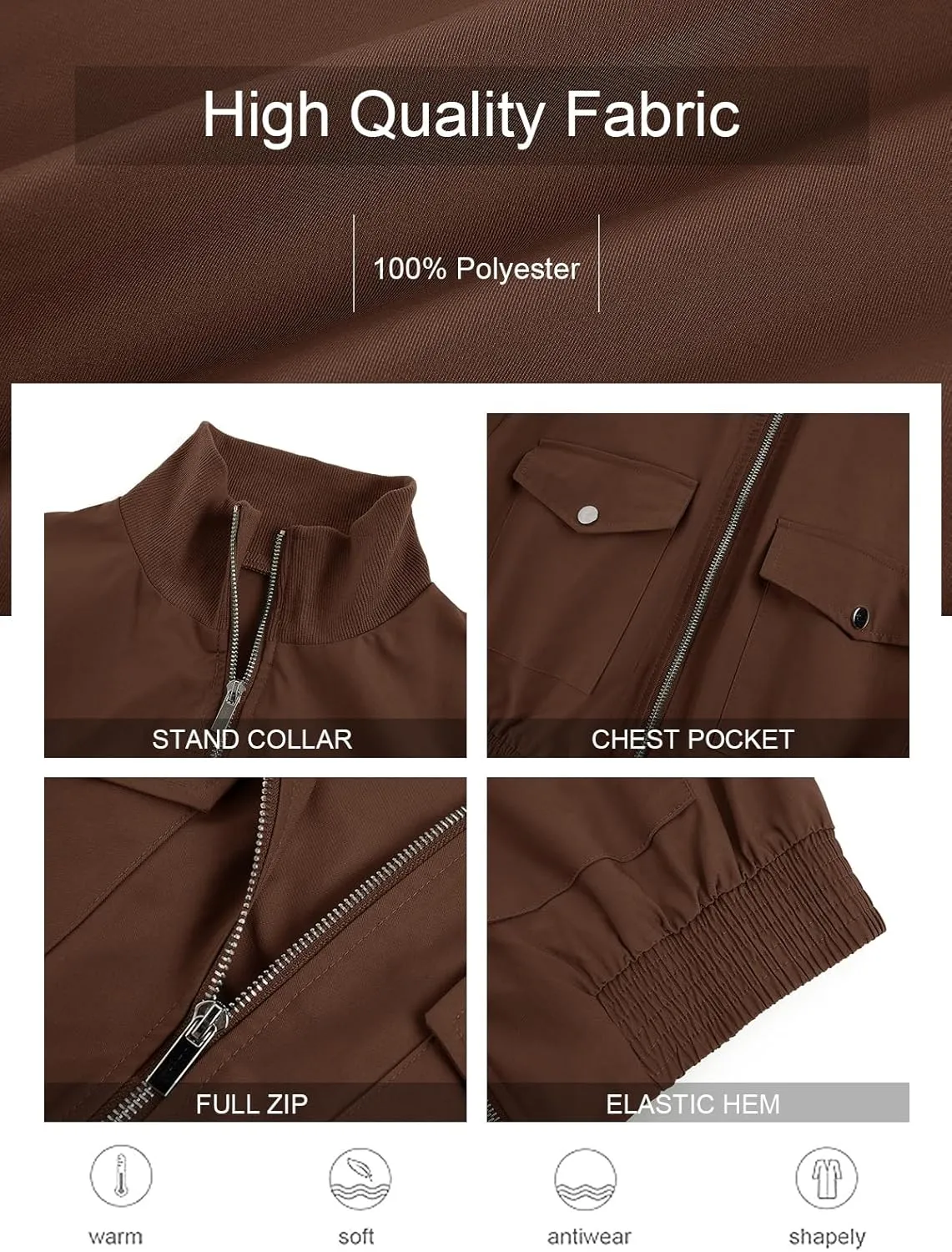Fisoew Women's Cropped Bomber Jackets Lightweight Zip Up Stand Collar Long Sleeve Short Jacket with Pockets