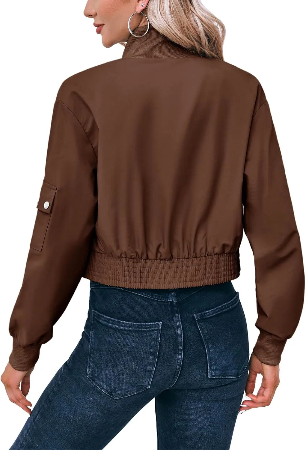 Fisoew Women's Cropped Bomber Jackets Lightweight Zip Up Stand Collar Long Sleeve Short Jacket with Pockets