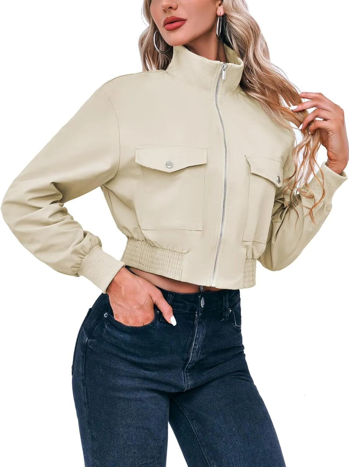 Fisoew Women's Cropped Bomber Jackets Lightweight Zip Up Stand Collar Long Sleeve Short Jacket with Pockets