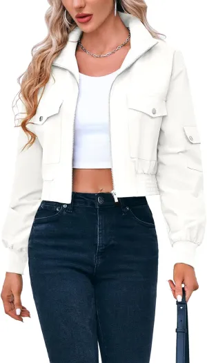 Fisoew Women's Cropped Bomber Jackets Lightweight Zip Up Stand Collar Long Sleeve Short Jacket with Pockets