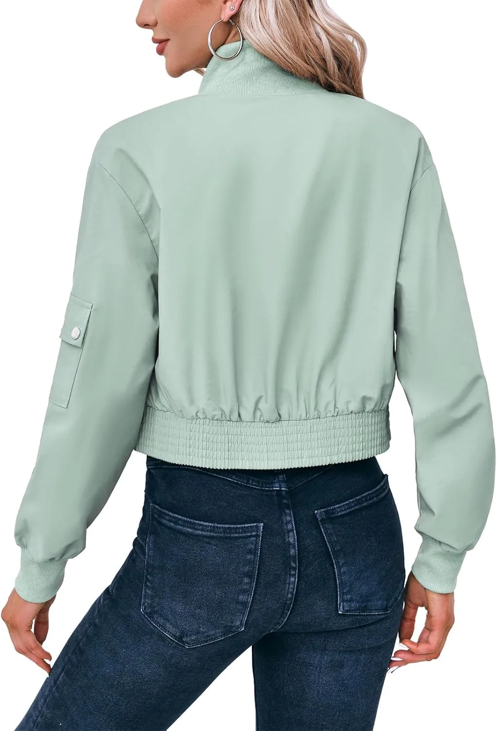 Fisoew Women's Cropped Bomber Jackets Lightweight Zip Up Stand Collar Long Sleeve Short Jacket with Pockets