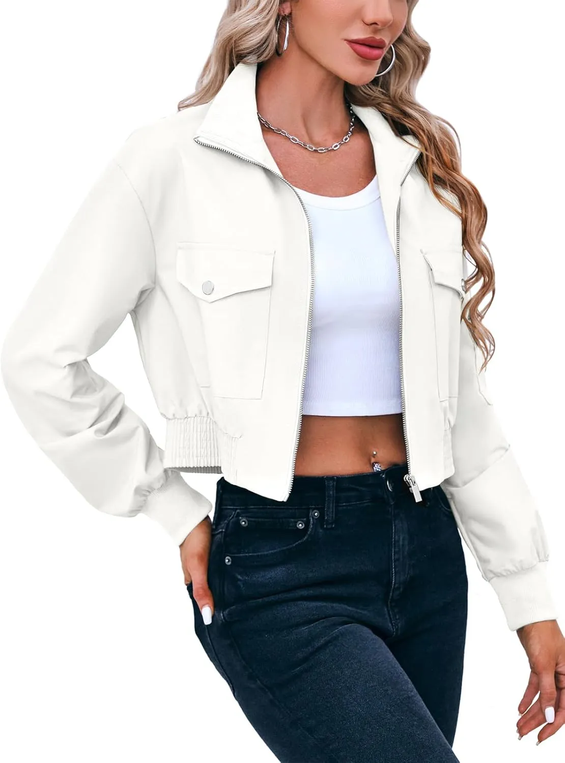 Fisoew Women's Cropped Bomber Jackets Lightweight Zip Up Stand Collar Long Sleeve Short Jacket with Pockets