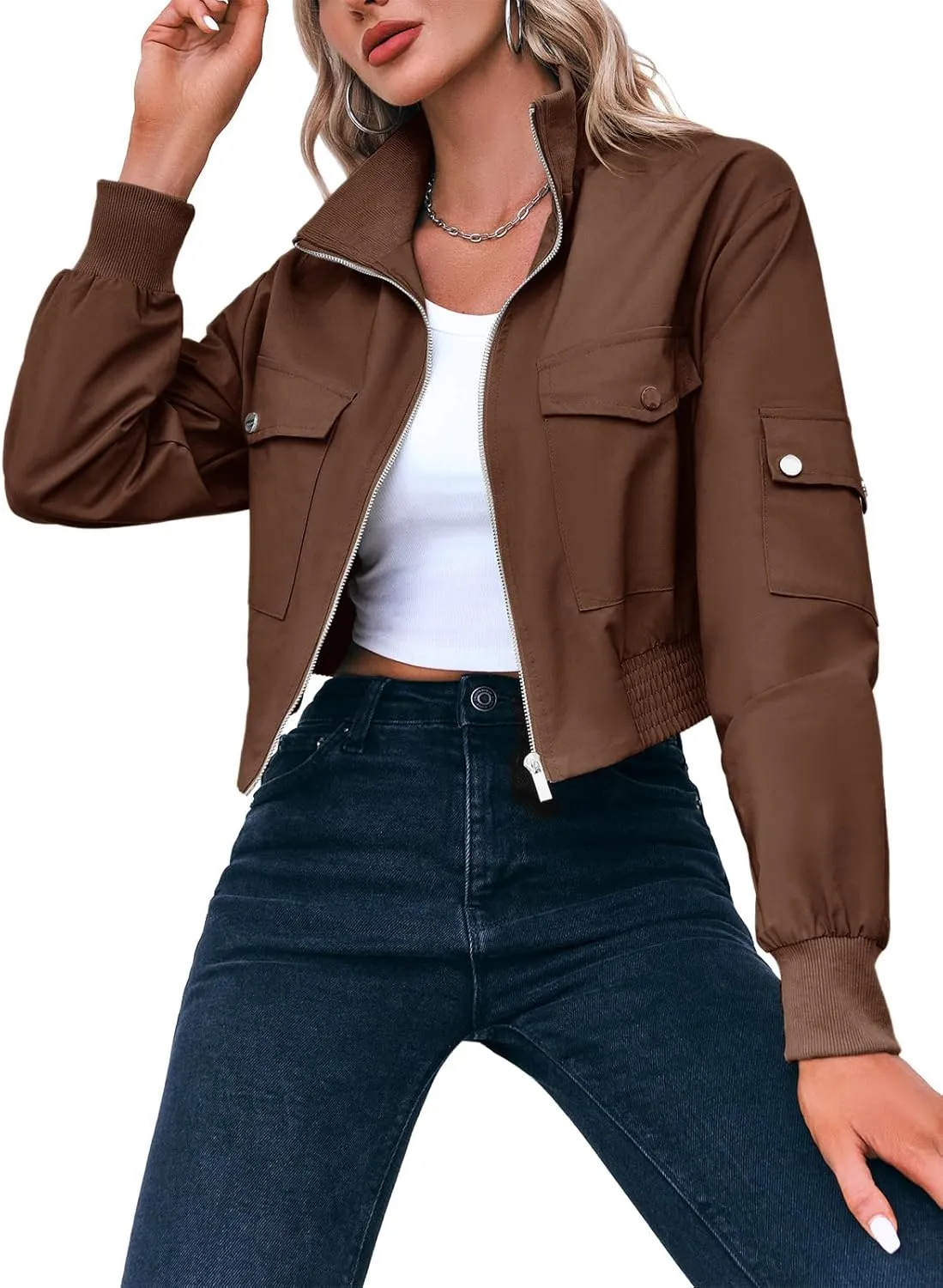 Fisoew Women's Cropped Bomber Jackets Lightweight Zip Up Stand Collar Long Sleeve Short Jacket with Pockets