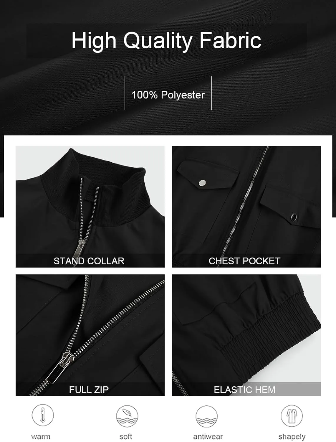 Fisoew Women's Cropped Bomber Jackets Lightweight Zip Up Stand Collar Long Sleeve Short Jacket with Pockets