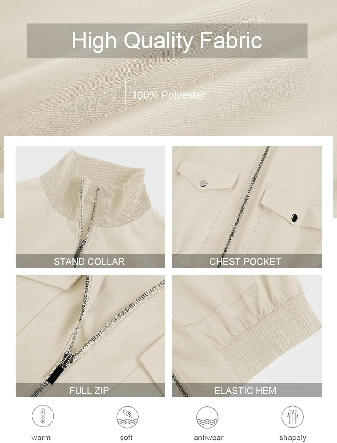 Fisoew Women's Cropped Bomber Jackets Lightweight Zip Up Stand Collar Long Sleeve Short Jacket with Pockets