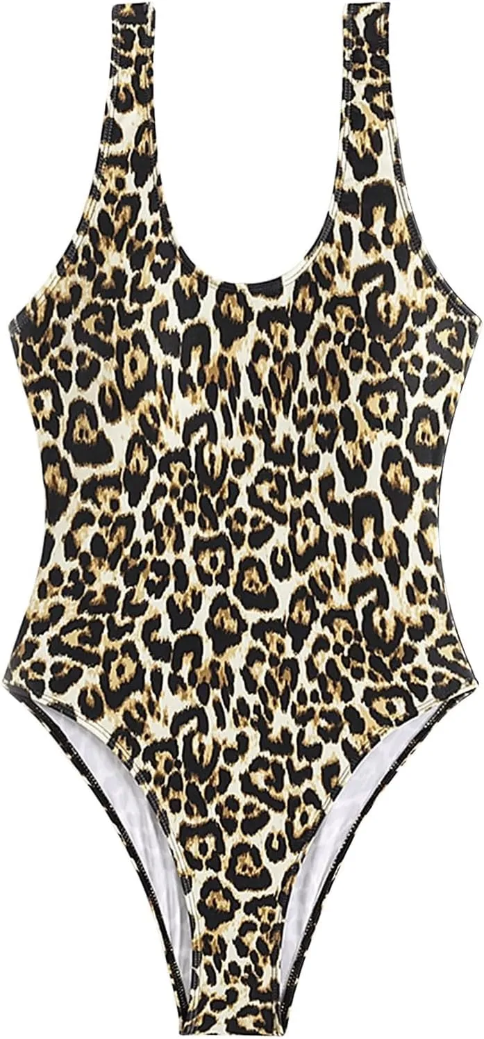 Floerns Women's Leopard Backless Scoop Neck High Cut One Piece Swimsuit