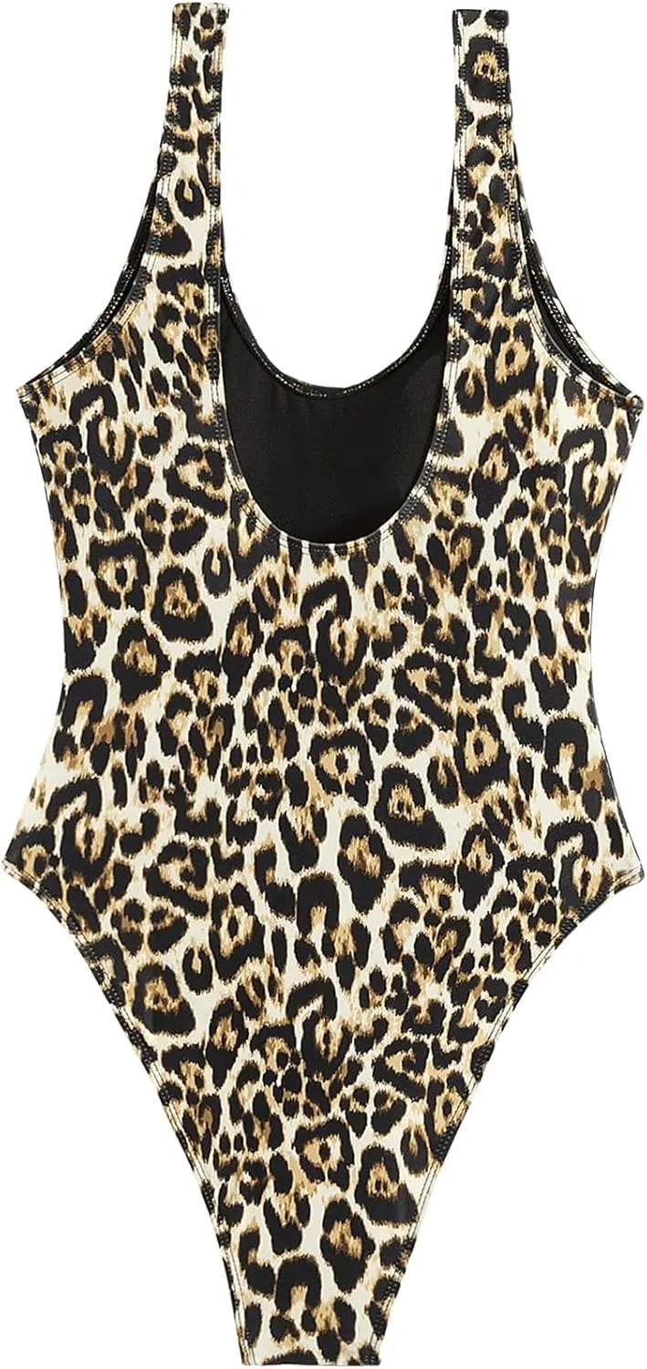 Floerns Women's Leopard Backless Scoop Neck High Cut One Piece Swimsuit