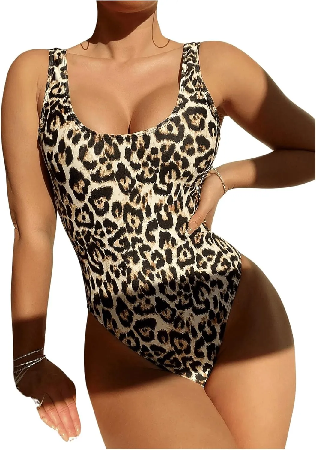 Floerns Women's Leopard Backless Scoop Neck High Cut One Piece Swimsuit