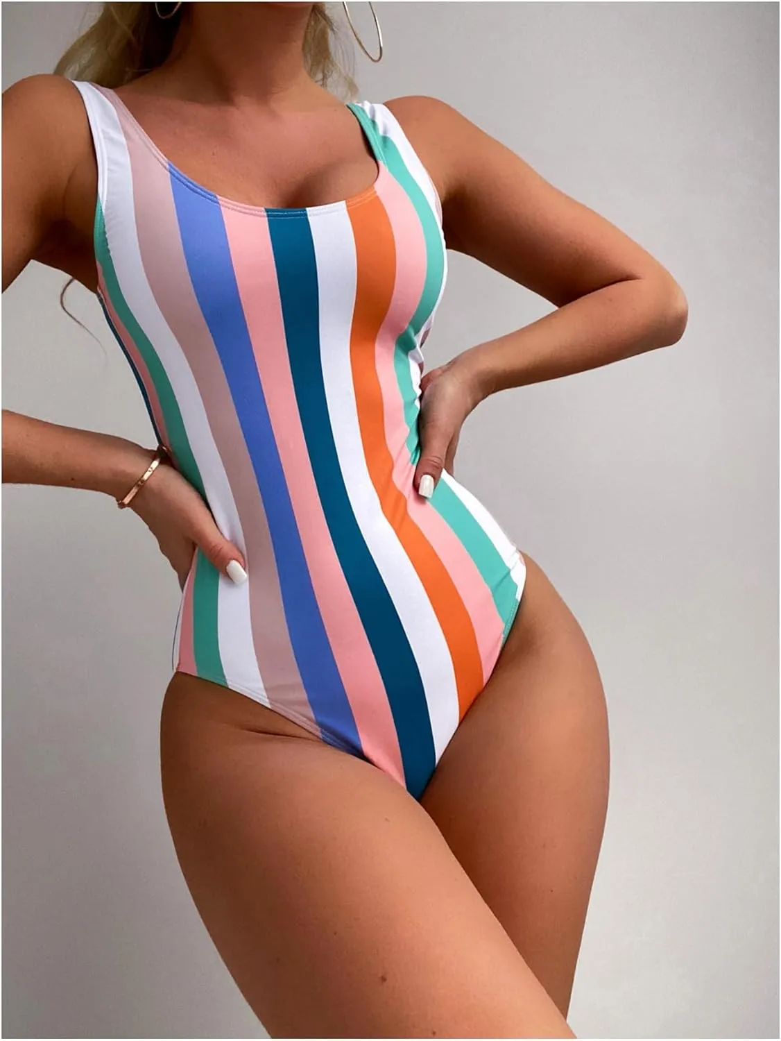 Floerns Women's Sleeveless Striped Color Block High Cut Thong One Piece Swimsuits