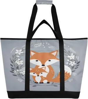 Floral Fox Tote Bag for Women with Zipper Reusable Grocery Bags Foldable Insulated Cooler Bag Shopping Bags Handbags Totes for Groceries Travel Beach Picnic Work