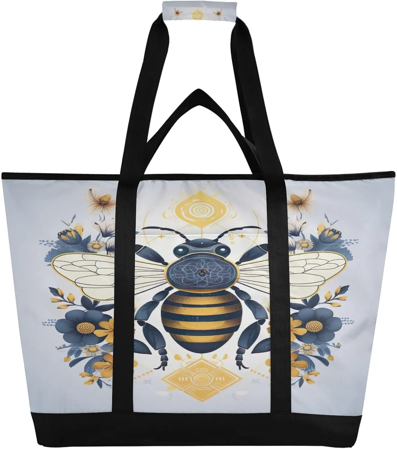 Flower Bee Tote Bag for Women with Zipper Reusable Grocery Bags Foldable Insulated Cooler Bag Totes Shopping Bags Handbags for Groceries Picnic Travel Beach Work