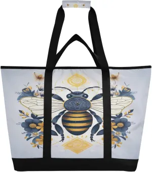 Flower Bee Tote Bag for Women with Zipper Reusable Grocery Bags Foldable Insulated Cooler Bag Totes Shopping Bags Handbags for Groceries Picnic Travel Beach Work