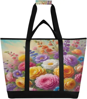 Flower Colorful Tote Bag for Women with Zipper Reusable Grocery Bags Foldable Insulated Cooler Bag Shopping Bags Totes Handbags for Groceries Picnic Travel Beach Work