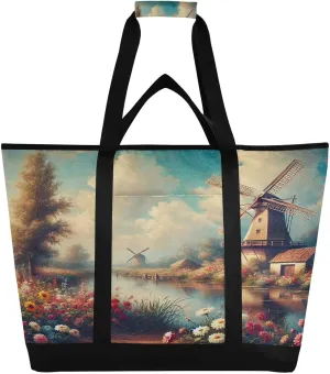 Flower Field Town Tote Bag for Women with Zipper Reusable Grocery Bags Foldable Insulated Cooler Bag Totes Shopping Bags Handbags for Groceries Beach Travel Picnic Work