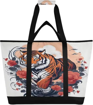 Flower Tigers Tote Bag for Women with Zipper Reusable Grocery Bags Foldable Insulated Cooler Bag Shopping Bags Handbags Totes for Groceries Beach Travel Picnic Work