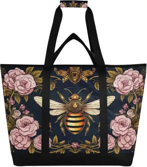 Flower Watercolor Bee Tote Bag for Women with Zipper Reusable Grocery Bags Foldable Insulated Cooler Bag Totes Handbags Shopping Bags for Groceries Travel Picnic Beach Work