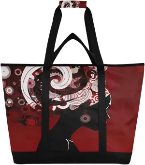 Flowers Black Woman Tote Bag for Women with Zipper Reusable Grocery Bags Foldable Insulated Cooler Bag Shopping Bags Totes Handbags for Groceries Travel Beach Work Picnic