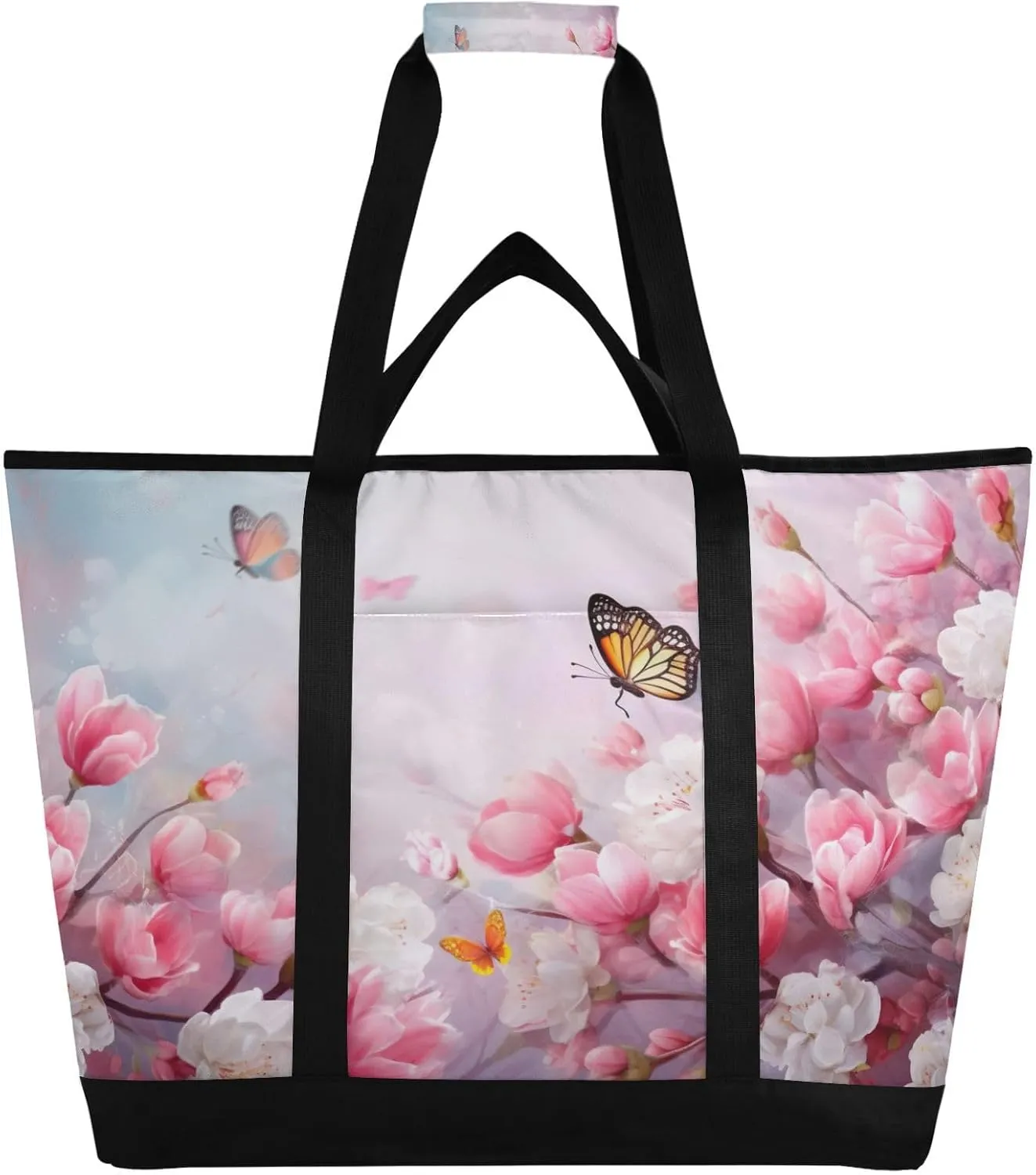 Flowers White Tote Bag for Women with Zipper Reusable Grocery Bags Foldable Insulated Cooler Bag Totes Shopping Bags Handbags for Groceries Beach Picnic Travel Work