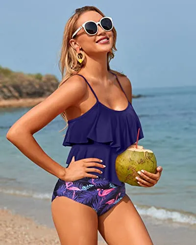 Flowy Two Piece Bikini Sets With Tummy Control For Teen Girls-Blue Flamingo