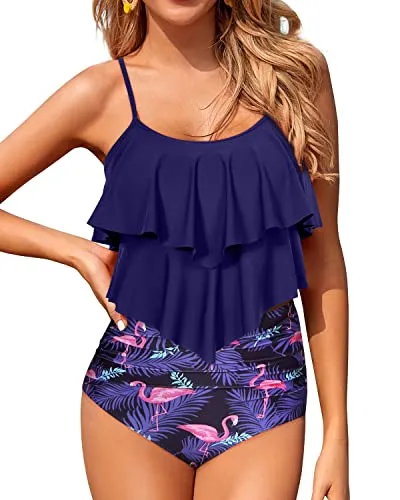 Flowy Two Piece Bikini Sets With Tummy Control For Teen Girls-Blue Flamingo