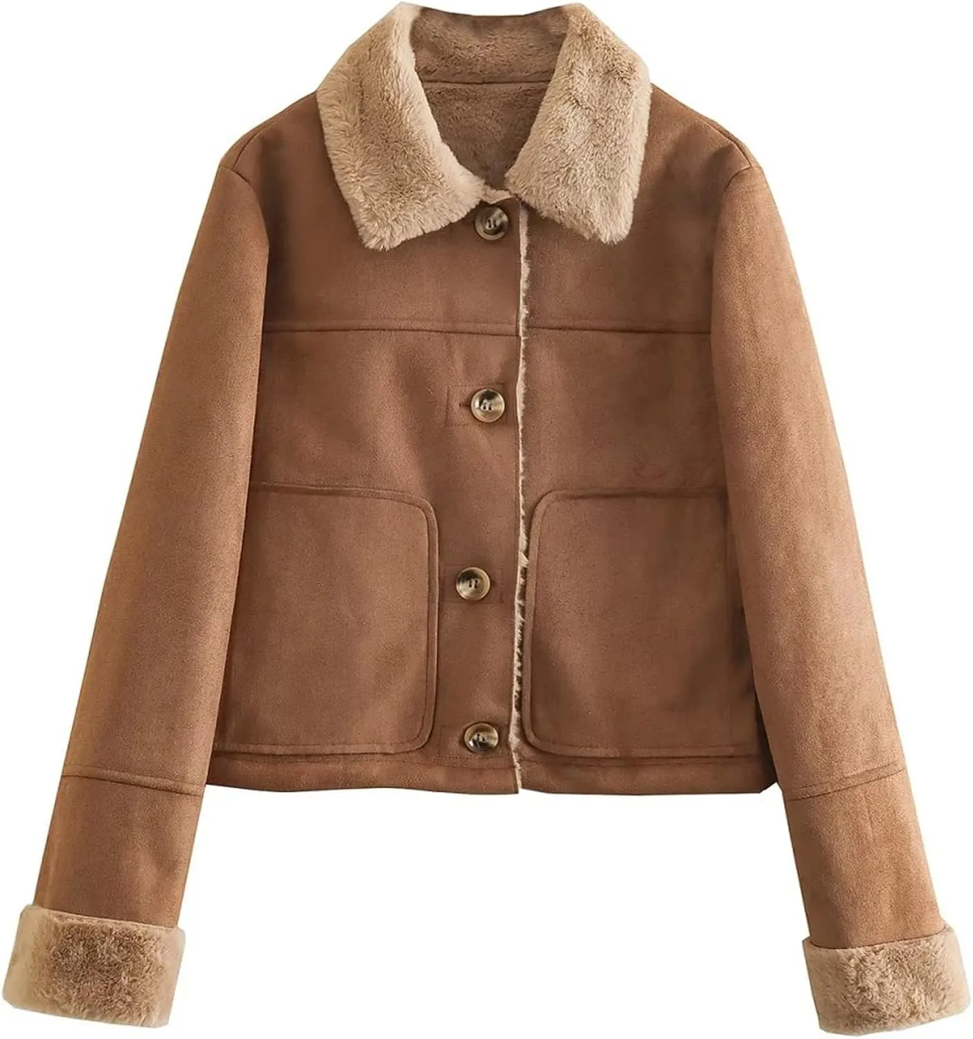 Flygo Women Winter Button Sherpa Lined Faux Suede Leather Cropped Jacket Coat with Turn-Down Collar