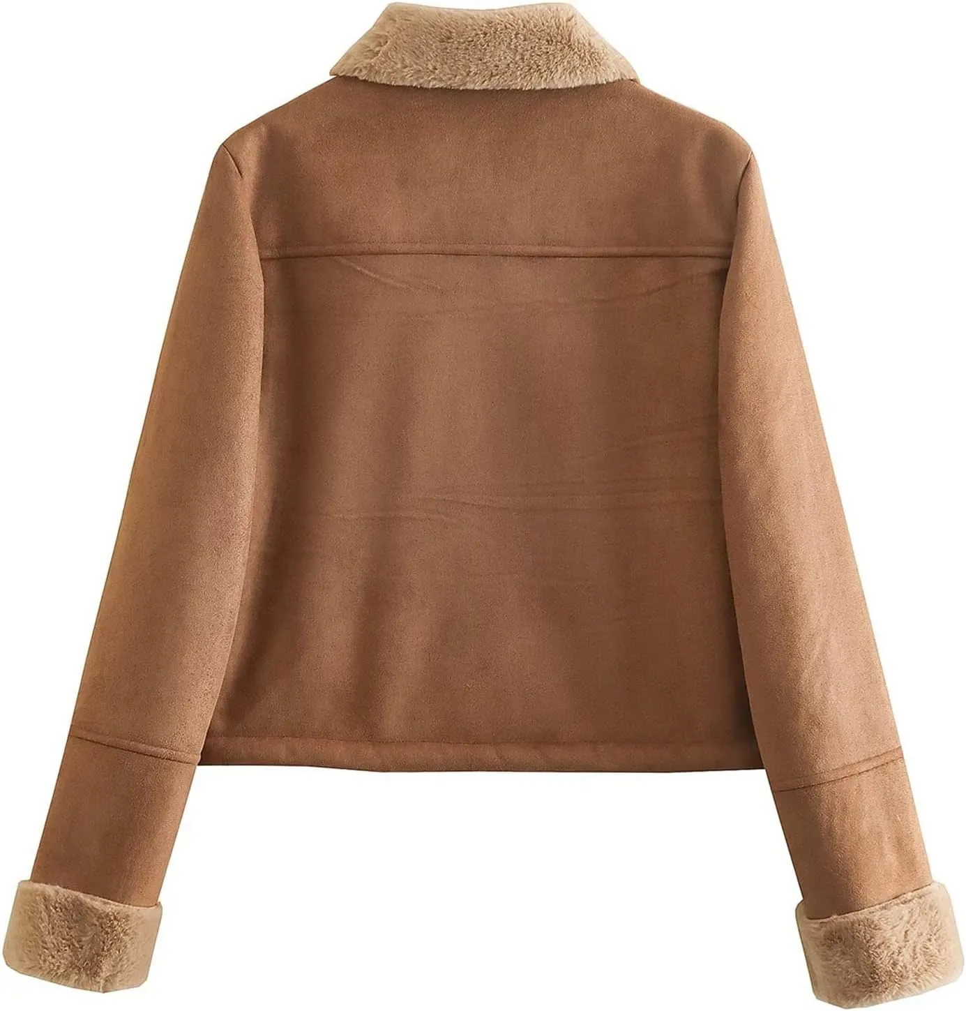 Flygo Women Winter Button Sherpa Lined Faux Suede Leather Cropped Jacket Coat with Turn-Down Collar