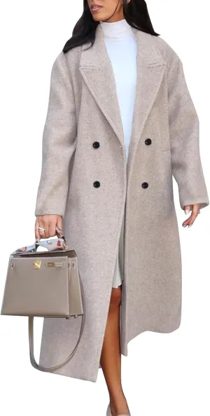 Flygo Womens Long Pea Coat Double Breasted Notch Lapel Trench Coat Office Work Peacoat Jacket Dress Coat