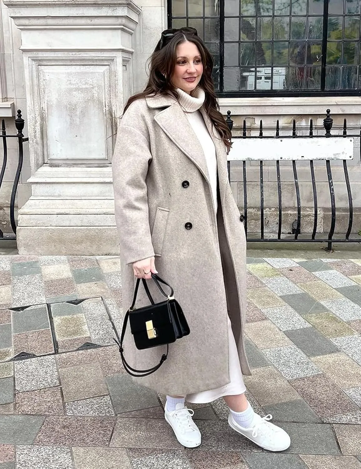 Flygo Womens Long Pea Coat Double Breasted Notch Lapel Trench Coat Office Work Peacoat Jacket Dress Coat