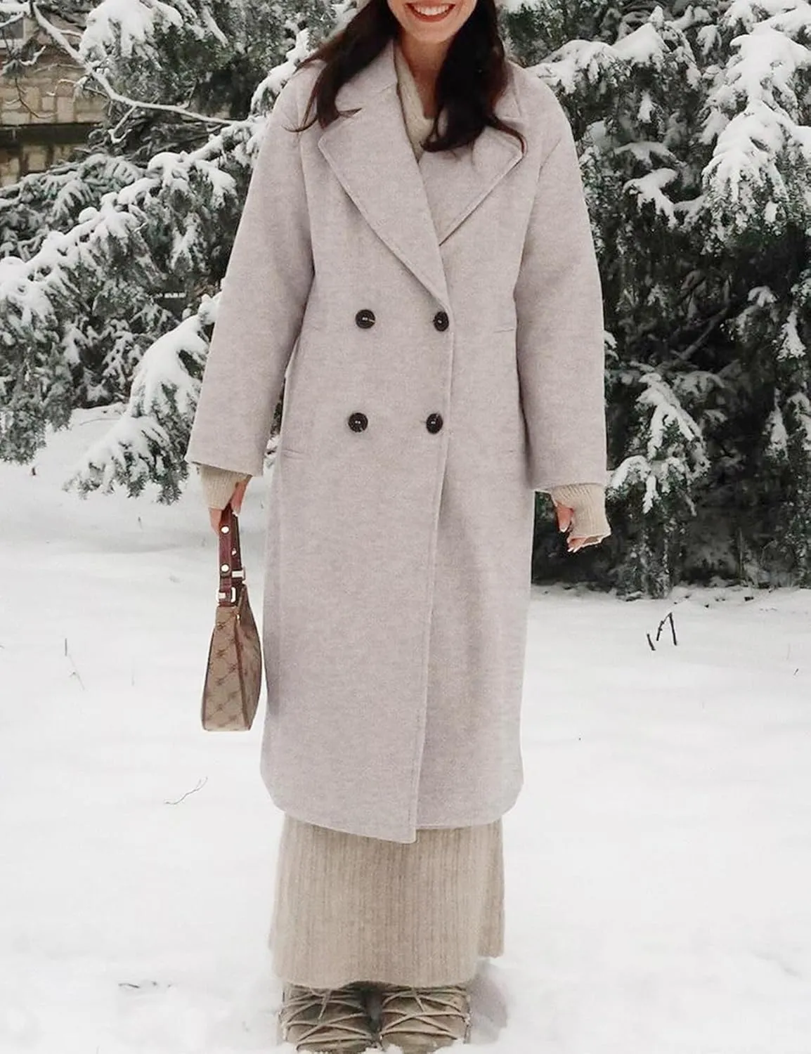 Flygo Womens Long Pea Coat Double Breasted Notch Lapel Trench Coat Office Work Peacoat Jacket Dress Coat