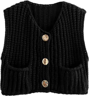 Flygo Womens Sleeveless Sweater Vest 2025 Spring Summer Crop Knit Top Chunky Crochet Button Cardigan Sweaters