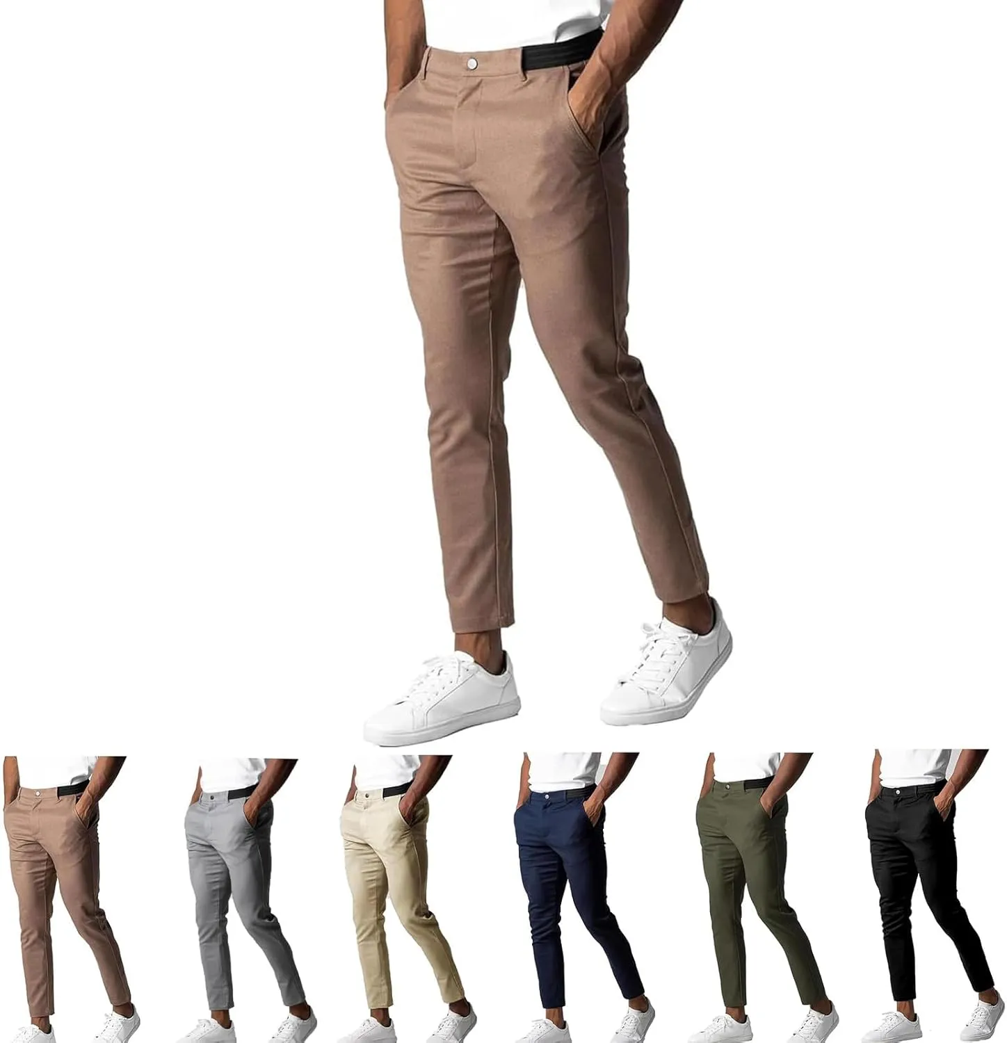 Foueo Active Chinos Pants Men, Mens Chinos Slim Fit Stretch Skinny Tapered Dress Pants Casual Solid Trousers