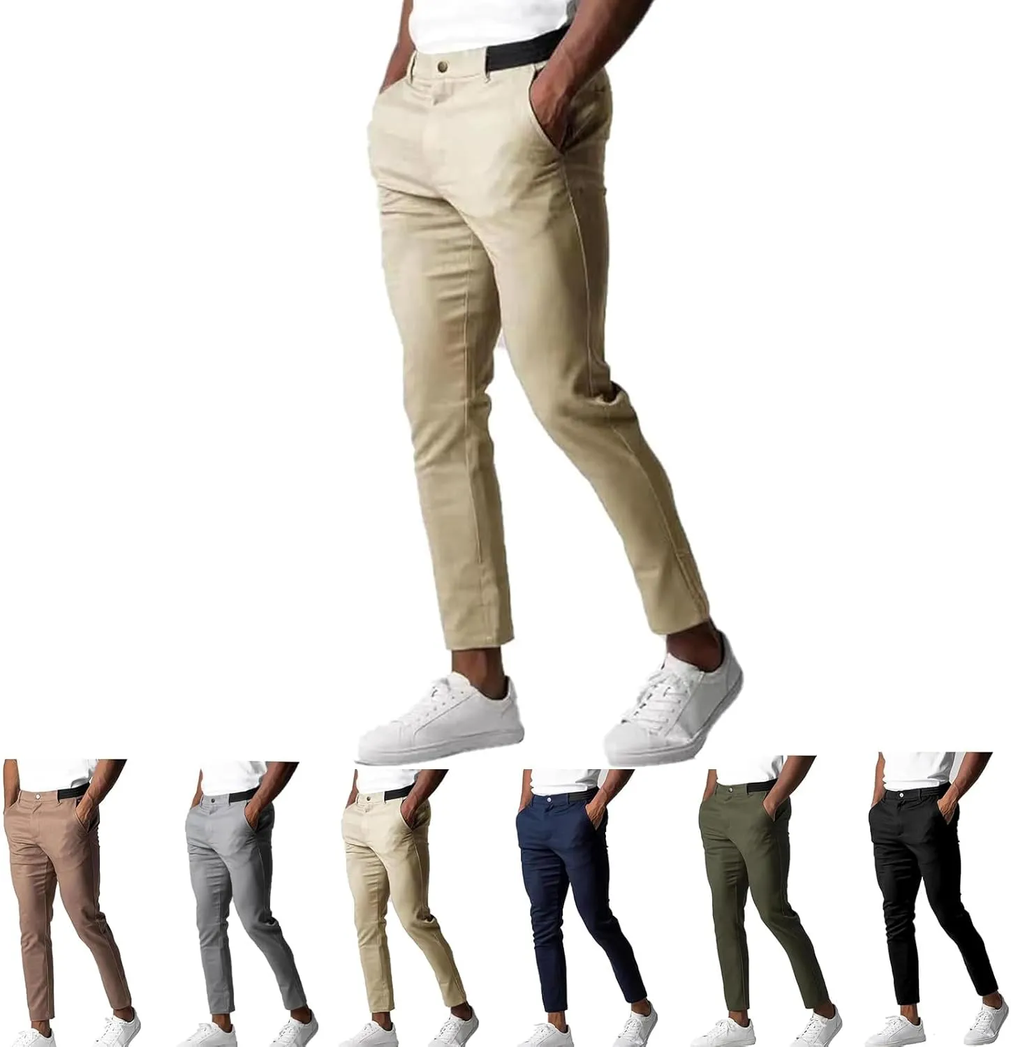 Foueo Active Chinos Pants Men, Mens Chinos Slim Fit Stretch Skinny Tapered Dress Pants Casual Solid Trousers