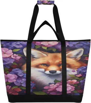 Fox Flower Tote Bag for Women with Zipper Reusable Grocery Bags Foldable Insulated Cooler Bag Totes Handbags Shopping Bags for Groceries Travel Picnic Beach Work