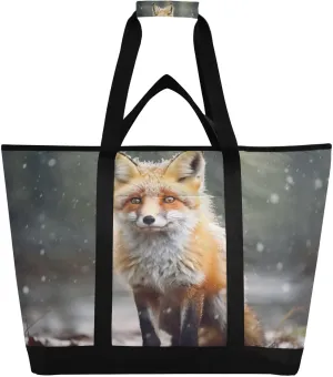 Fox Winter Tote Bag for Women with Zipper Reusable Grocery Bags Foldable Insulated Cooler Bag Totes Handbags Shopping Bags for Groceries Travel Beach Picnic Work