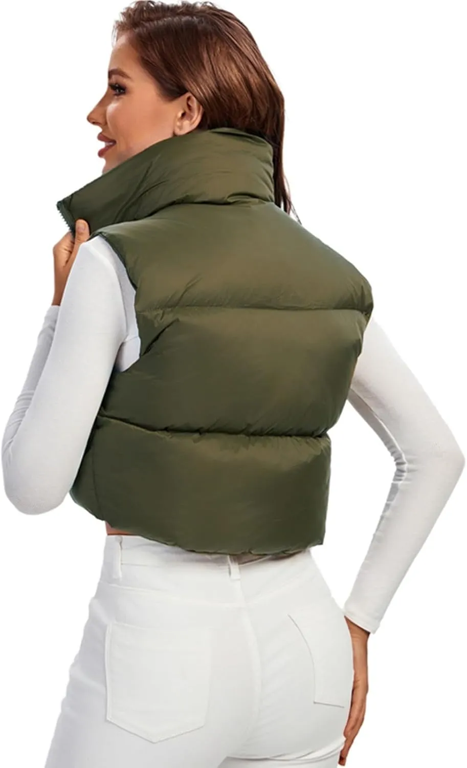 Fuinloth Women's Padded Vest, High Stand Collar Lightweight Zip Crop Puffer Gilet