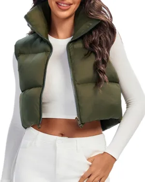 Fuinloth Women's Padded Vest, High Stand Collar Lightweight Zip Crop Puffer Gilet