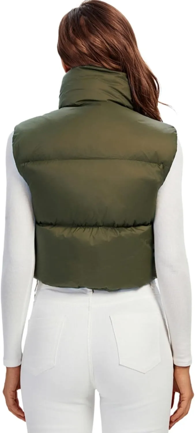 Fuinloth Women's Padded Vest, High Stand Collar Lightweight Zip Crop Puffer Gilet