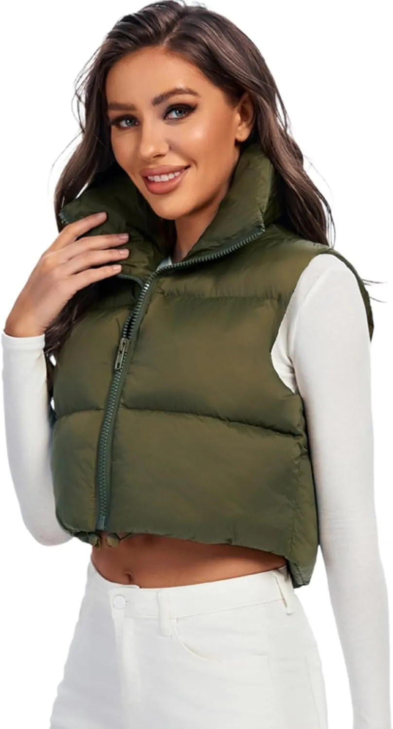 Fuinloth Women's Padded Vest, High Stand Collar Lightweight Zip Crop Puffer Gilet
