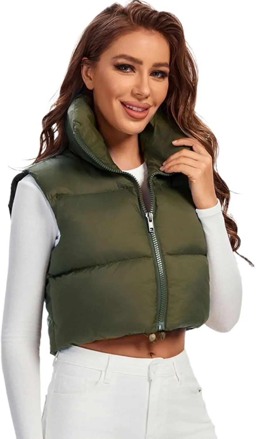 Fuinloth Women's Padded Vest, High Stand Collar Lightweight Zip Crop Puffer Gilet