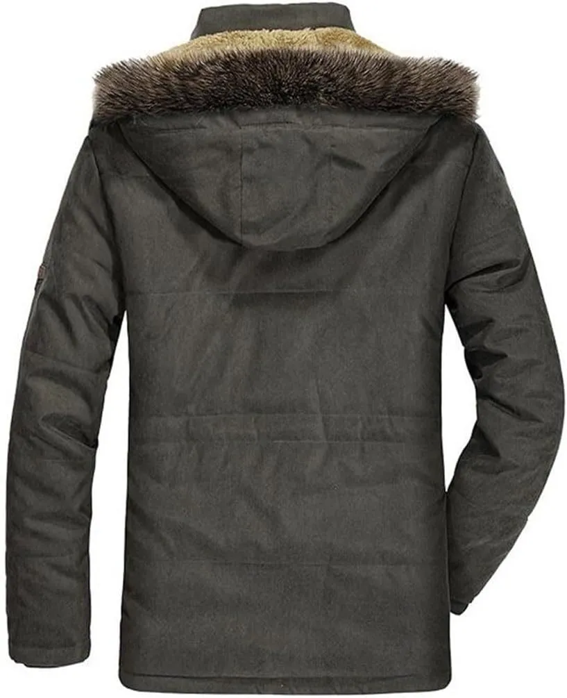 FULBHPRINT Men Winter Parka - Cotton Padded Warmth Coat With Faux Fur Hood - Casual Fleece Long Jacket Windbreaker