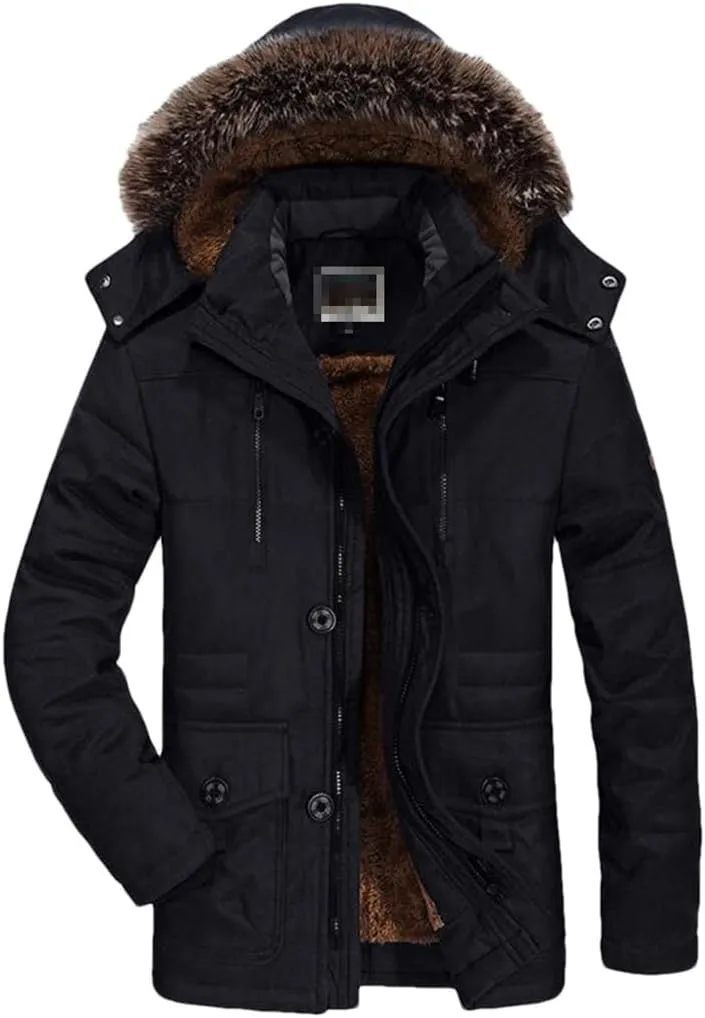 FULBHPRINT Men Winter Parka - Cotton Padded Warmth Coat With Faux Fur Hood - Casual Fleece Long Jacket Windbreaker