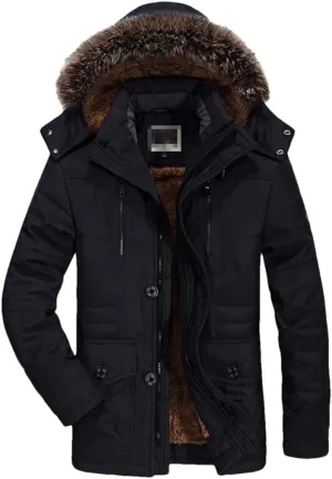 FULBHPRINT Men Winter Parka - Cotton Padded Warmth Coat With Faux Fur Hood - Casual Fleece Long Jacket Windbreaker